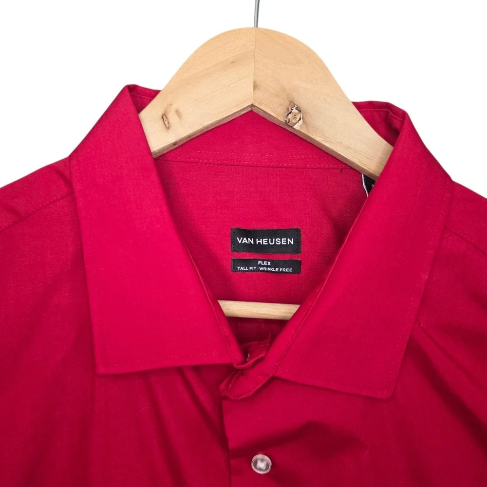 Van Heusen Dress Shirt Mens 19 36/37 Red Button Flex Tall Fit Wrinkle Free